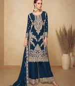 Teal chinon semi stitched plazzo suit with codding dori & sequence work