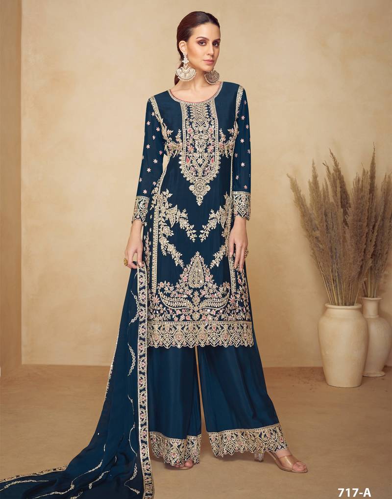 Teal chinon semi stitched plazzo suit with codding dori & sequence work