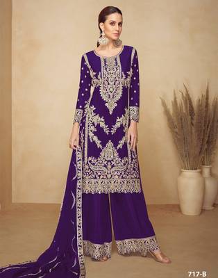 Purple chinon plazzo suit with codding dori & sequin  1