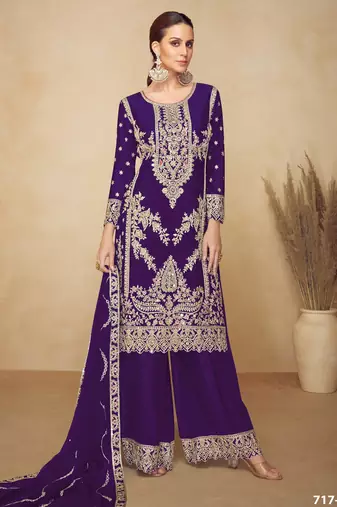 Purple chinon semi stitched plazzo suit with codding dori & sequence work