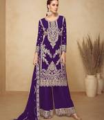 Purple chinon semi stitched plazzo suit with codding dori & sequence work