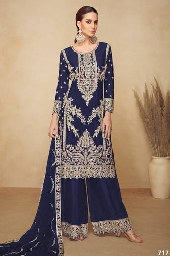 Navy blue chinon semi stitched plazzo suit with codding dori & sequence work