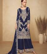 Navy blue chinon semi stitched plazzo suit with codding dori & sequence work