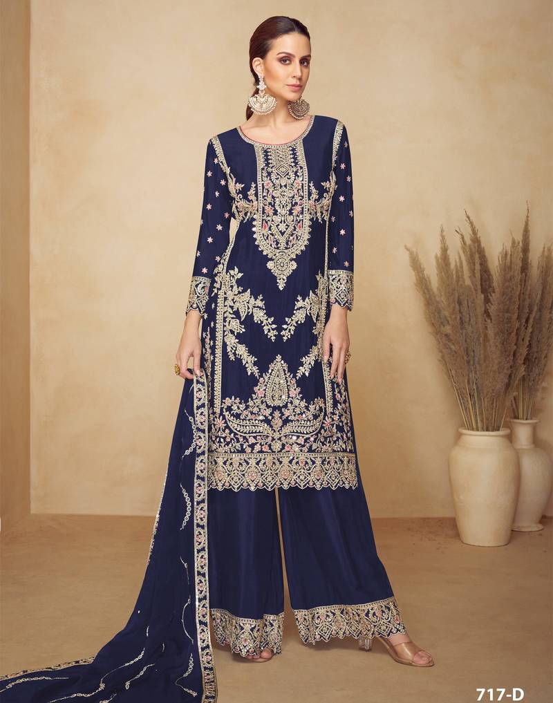 Navy blue chinon semi stitched plazzo suit with codding dori & sequence work