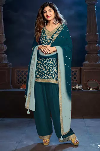 Teal silk semi stitched farshi salwar suit with codding dori & sequence work
