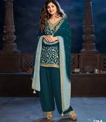 Teal silk semi stitched farshi salwar suit with codding dori & sequence work