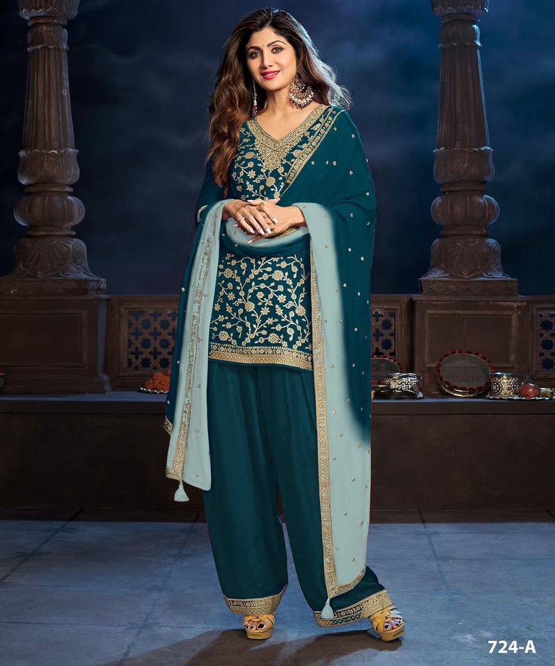 Teal silk semi stitched farshi salwar suit with codding dori & sequence work