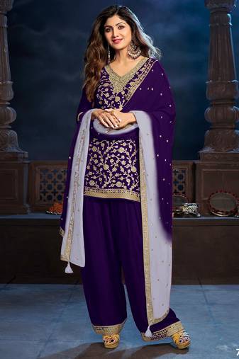 Purple silk semi stitched farshi salwar suit with codding dori & sequence work