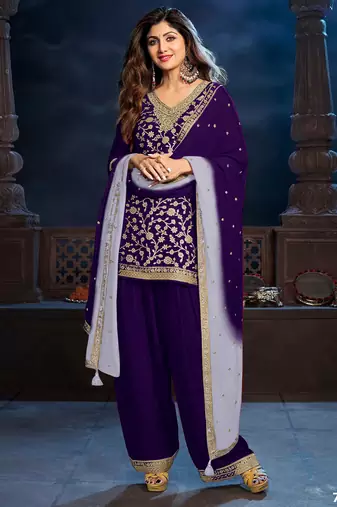 Purple silk semi stitched farshi salwar suit with codding dori & sequence work