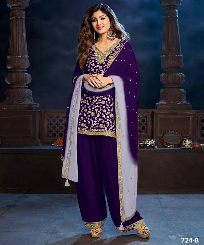 Purple silk semi stitched farshi salwar suit with codding dori & sequence work