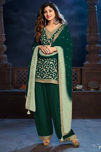 Green silk semi stitched farshi salwar suit with codding dori & sequence work