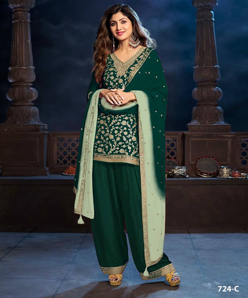 Green silk semi stitched farshi salwar suit with codding dori & sequence work