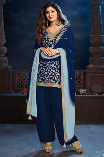 Navy blue silk semi stitched farshi salwar suit with codding dori & sequence work