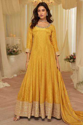 Yellow chinon free size stitched jacquard anarkali suit with codding dori & sequence work