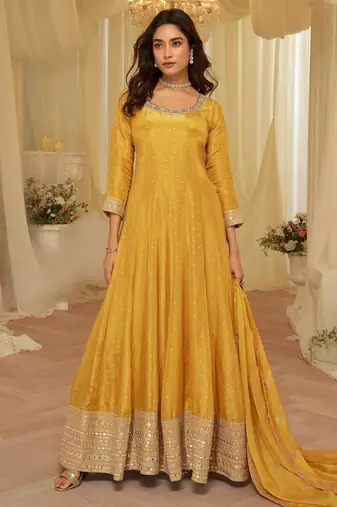 Yellow chinon free size stitched jacquard anarkali suit with codding dori & sequence work