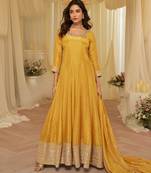 Yellow chinon free size stitched jacquard anarkali suit with codding dori & sequence work