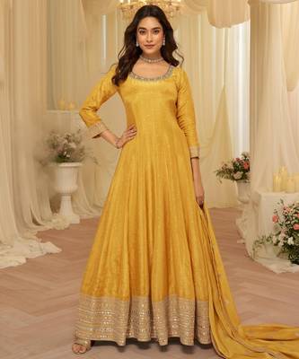 Yellow chinon free size stitched jacquard anarkali suit with codding dori & sequin  2