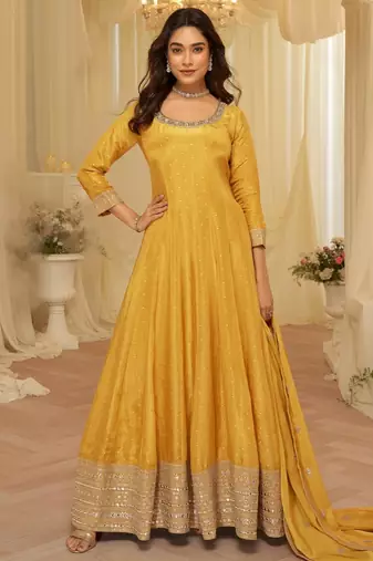 Yellow chinon free size stitched jacquard anarkali suit with codding dori & sequin 
