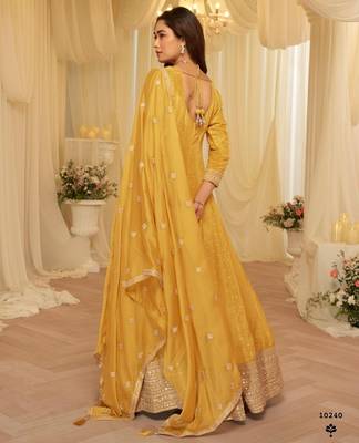 Yellow chinon free size stitched jacquard anarkali suit with codding dori & sequin  3