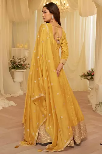 Yellow chinon free size stitched jacquard anarkali suit with codding dori & sequin 