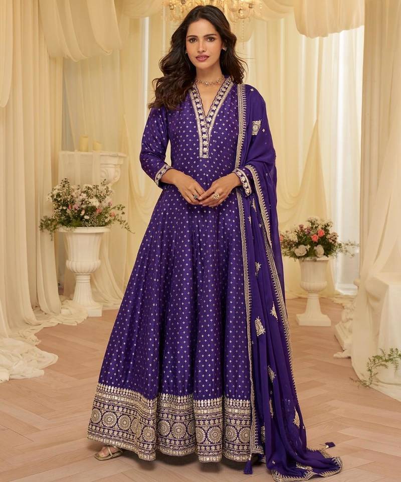 Purple chinon free size stitched jacquard anarkali suit with codding dori & sequence work