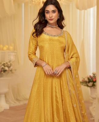 Yellow chinon free size stitched jacquard anarkali suit with codding dori & sequin  4