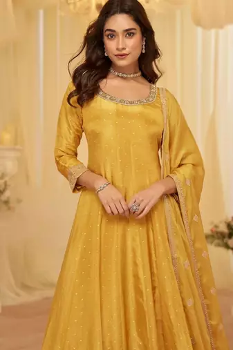 Yellow chinon free size stitched jacquard anarkali suit with codding dori & sequin 