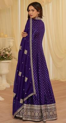 Purple chinon free size stitched jacquard anarkali suit with codding dori & sequin  2