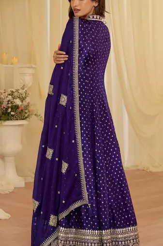 Purple chinon free size stitched jacquard anarkali suit with codding dori & sequin 