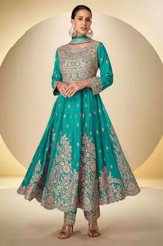 Turquoise chinon free size stitched anarkali suit with codding dori & sequence work
