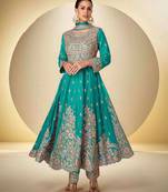 Turquoise chinon free size stitched anarkali suit with codding dori & sequence work