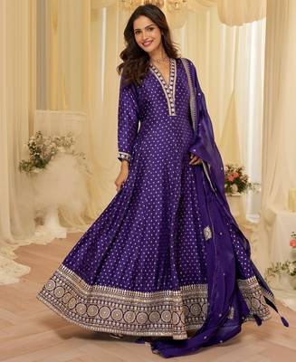 Purple chinon free size stitched jacquard anarkali suit with codding dori & sequin  3