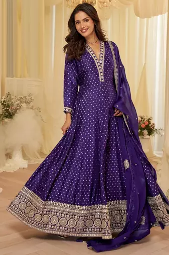Purple chinon free size stitched jacquard anarkali suit with codding dori & sequin 
