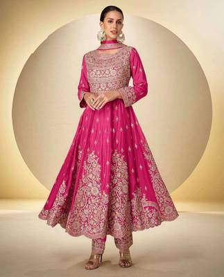 Pink chinon free size stitched anarkali suit with codding dori & sequin  1