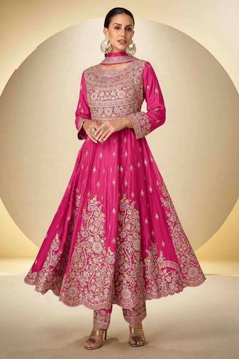 Pink chinon free size stitched anarkali suit with codding dori & sequence work