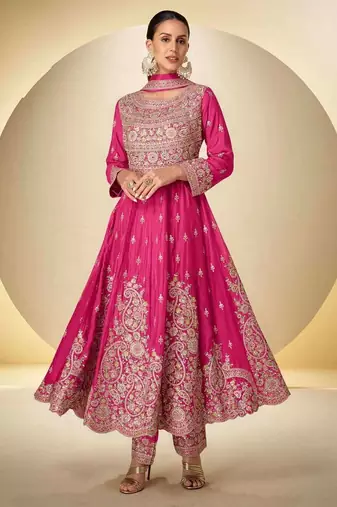 Pink chinon free size stitched anarkali suit with codding dori & sequence work
