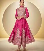Pink chinon free size stitched anarkali suit with codding dori & sequence work