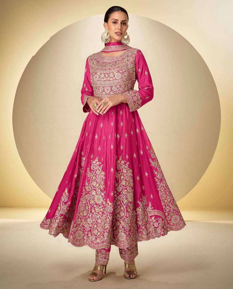 Pink chinon free size stitched anarkali suit with codding dori & sequence work