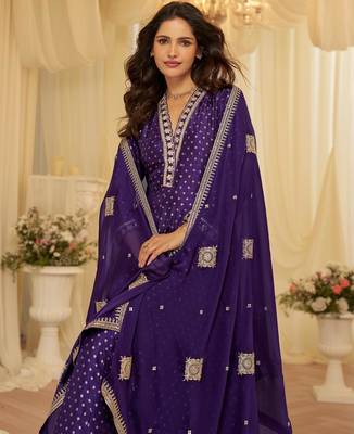 Purple chinon free size stitched jacquard anarkali suit with codding dori & sequin  4