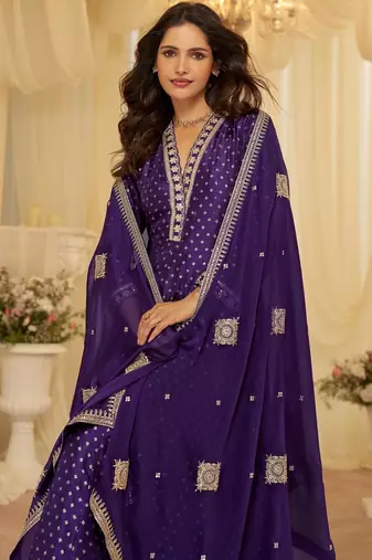 Purple chinon free size stitched jacquard anarkali suit with codding dori & sequin 
