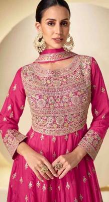 Pink chinon free size stitched anarkali suit with codding dori & sequin  2