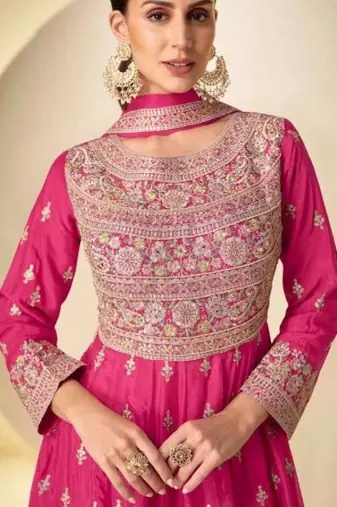 Pink chinon free size stitched anarkali suit with codding dori & sequin 