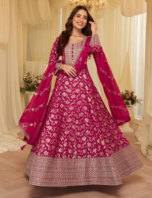 Pink chinon free size stitched jacquard anarkali suit with codding dori & sequin  1
