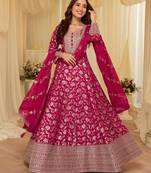 Pink chinon free size stitched jacquard anarkali suit with codding dori & sequence work