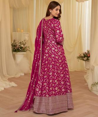 Pink chinon free size stitched jacquard anarkali suit with codding dori & sequin  2