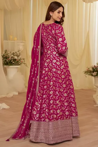 Pink chinon free size stitched jacquard anarkali suit with codding dori & sequin 
