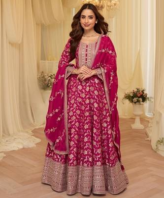 Pink chinon free size stitched jacquard anarkali suit with codding dori & sequin  3