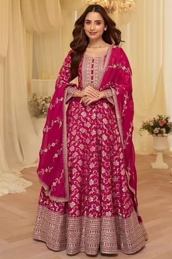 Pink chinon free size stitched jacquard anarkali suit with codding dori & sequin 