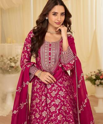 Pink chinon free size stitched jacquard anarkali suit with codding dori & sequin  4