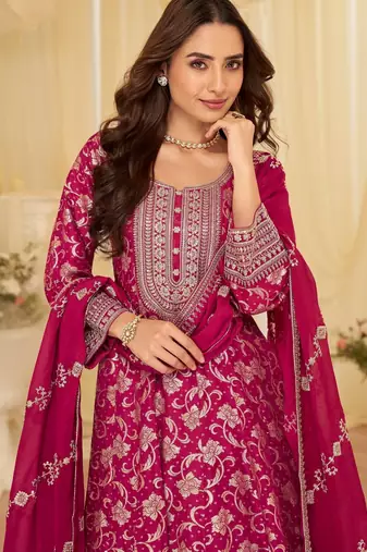 Pink chinon free size stitched jacquard anarkali suit with codding dori & sequin 